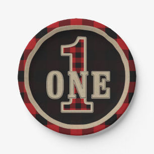 Rustic Red Black Buffalo Plaid 1st Birthday Party Paper Plate