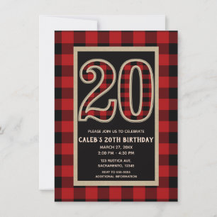 Rustic Red Black Buffalo Plaid 20th 20 Birthday Invitation