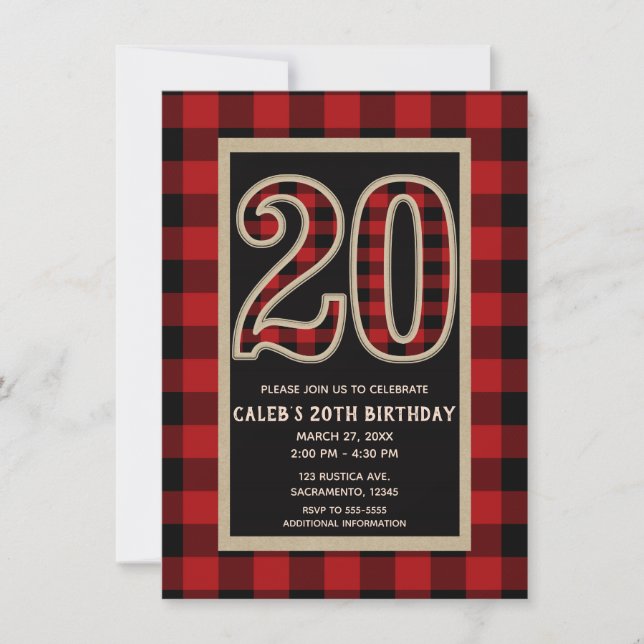 Rustic Red Black Buffalo Plaid 20th 20 Birthday Invitation (Front)