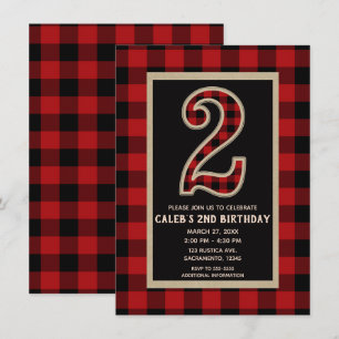 Rustic Red Black Buffalo Plaid 2nd Birthday Party Invitation