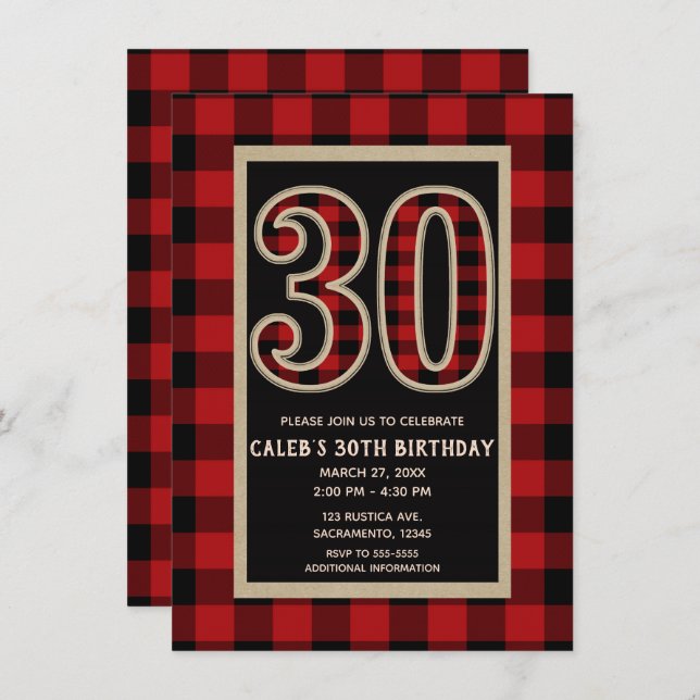Rustic Red Black Buffalo Plaid 30th 30 Birthday Invitation (Front/Back)