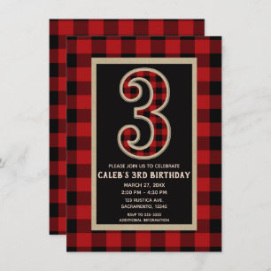 Rustic Red Black Buffalo Plaid 3RD Birthday Party Invitation