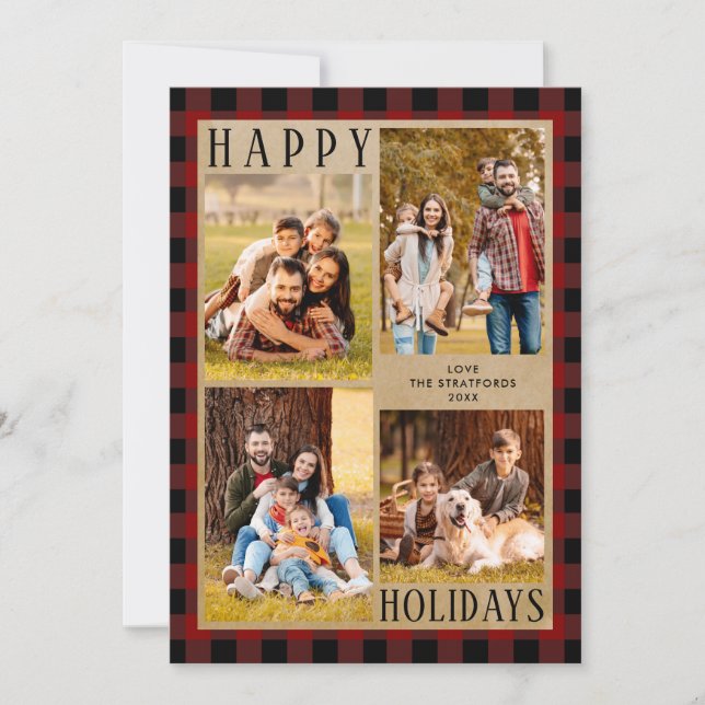 Rustic Red Black Buffalo Plaid 4 Photo Collage Holiday Card (Front)