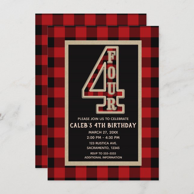 Rustic Red Black Buffalo Plaid 4th Birthday Party Invitation (Front/Back)