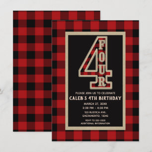Rustic Red Black Buffalo Plaid 4th Birthday Party Invitation
