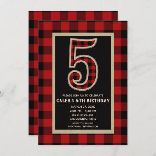 Rustic Red Black Buffalo Plaid 5th Birthday Party Invitation