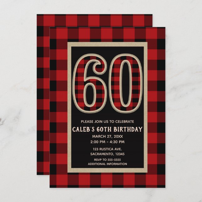 Rustic Red Black Buffalo Plaid 60th 60 Birthday Invitation (Front/Back)