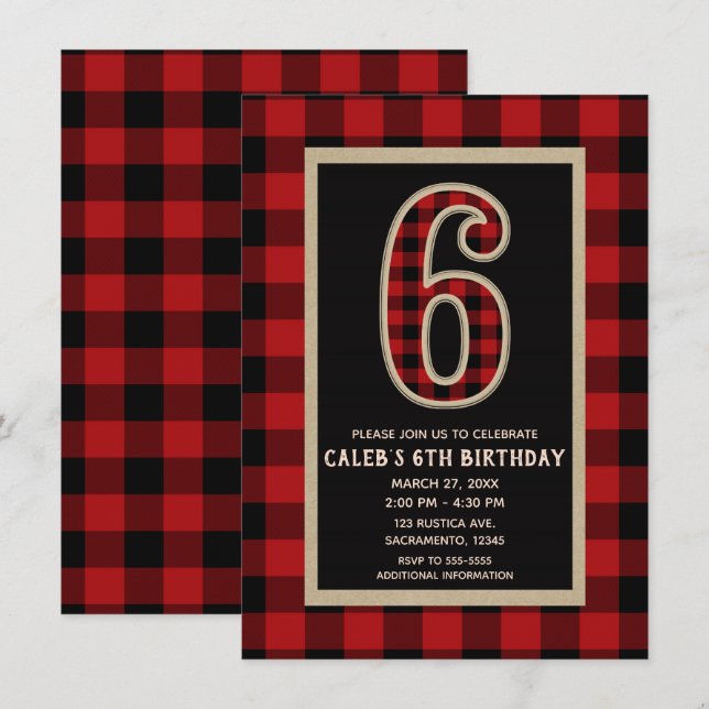 Rustic Red Black Buffalo Plaid 6th Birthday Party Invitation (Front/Back)