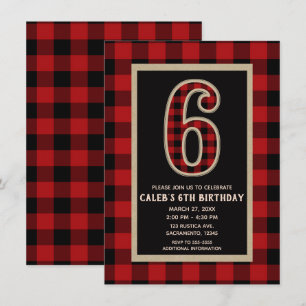 Rustic Red Black Buffalo Plaid 6th Birthday Party Invitation