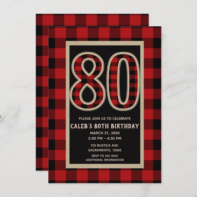 Rustic Red Black Buffalo Plaid 80th 80 Birthday Invitation (Front/Back)