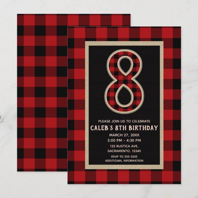 Rustic Red Black Buffalo Plaid 8th Birthday Party Invitation (Front/Back)