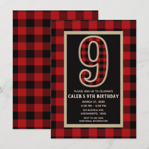 Rustic Red Black Buffalo Plaid 9th Birthday Party Invitation
