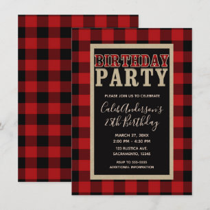 Rustic Red Black Buffalo Plaid Birthday Party Invitation