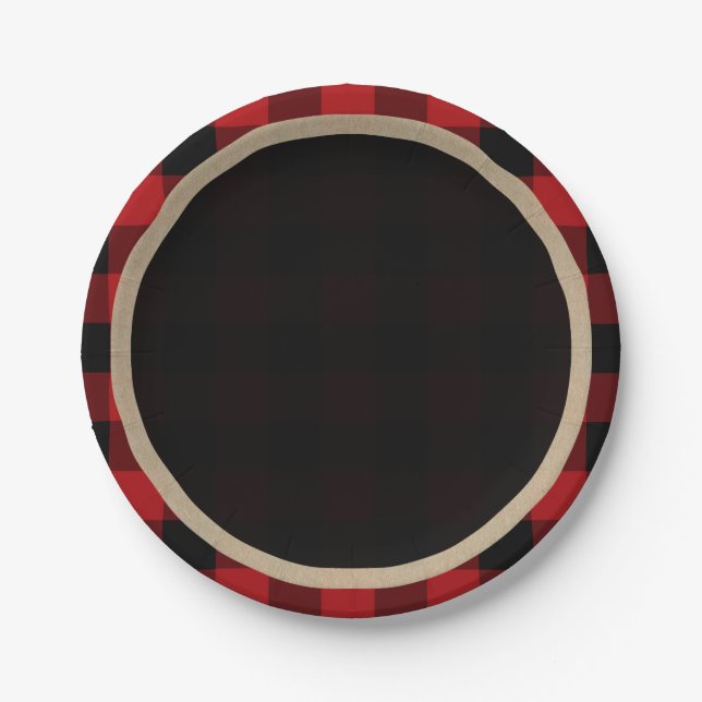 Rustic Red Black Buffalo Plaid Birthday Party Paper Plate (Front)