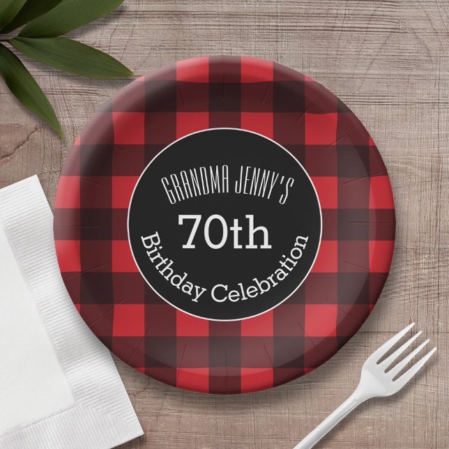 Rustic Red & Black Buffalo Plaid Birthday Party Paper Plate (Personalized birthday plate with buffalo check pattern)