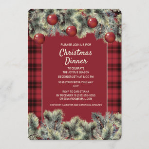 Rustic Red Black Buffalo Plaid Christmas Dinner Invitation