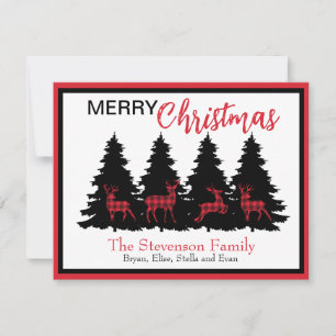 Rustic Red Black Buffalo Plaid Deer and Trees  Holiday Card