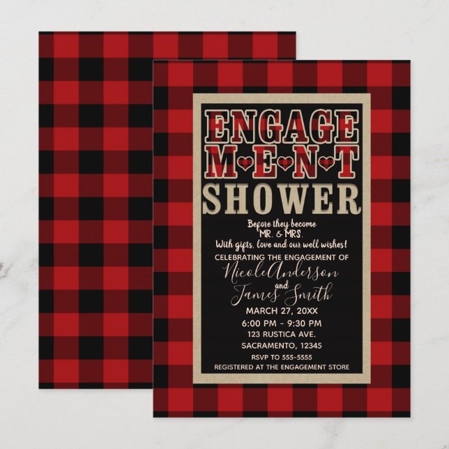 Rustic Red Black Buffalo Plaid Engagement Shower Invitation (Front/Back)