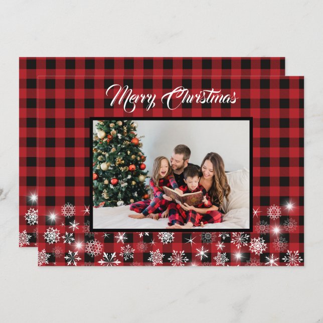 Rustic Red Black Buffalo Plaid Family Photo  Holiday Card (Front/Back)