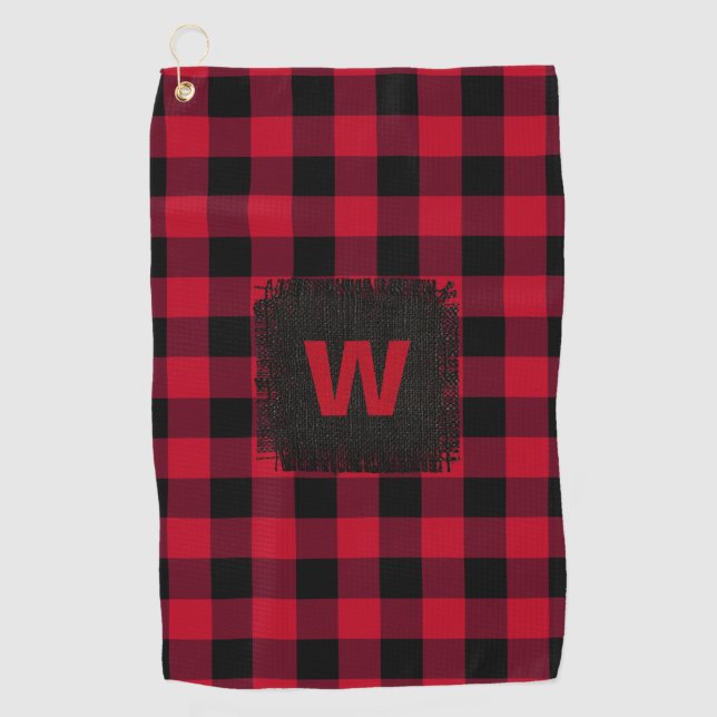 Rustic Red Black Buffalo Plaid Monogram Initial Golf Towel (Front)