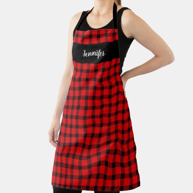 Rustic red black buffalo plaid monogram name apron (Insitu)