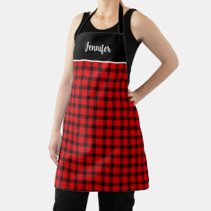 Rustic red black buffalo plaid monogram name apron