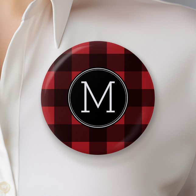 Rustic Red & Black Buffalo Plaid Pattern Monogram 6 Cm Round Badge (Custom Button with Monogram)