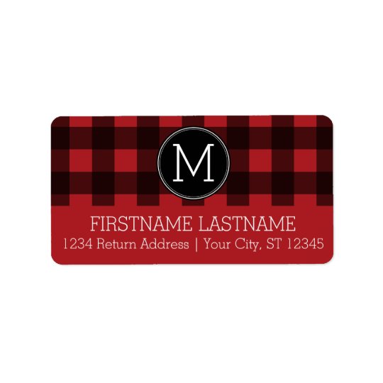 Rustic Red & Black Buffalo Plaid Pattern Monogram Address Label