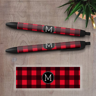 Rustic Red & Black Buffalo Plaid Pattern Monogram Black Ink Pen
