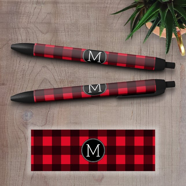 Rustic Red & Black Buffalo Plaid Pattern Monogram Black Ink Pen (Custom Pen - Personalize this writing pen with you name, monogram or other text)