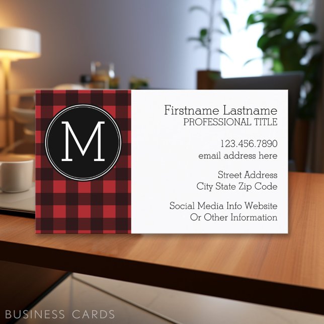 Rustic Red & Black Buffalo Plaid Pattern Monogram Business Card (Personalized Printed Business Cards)