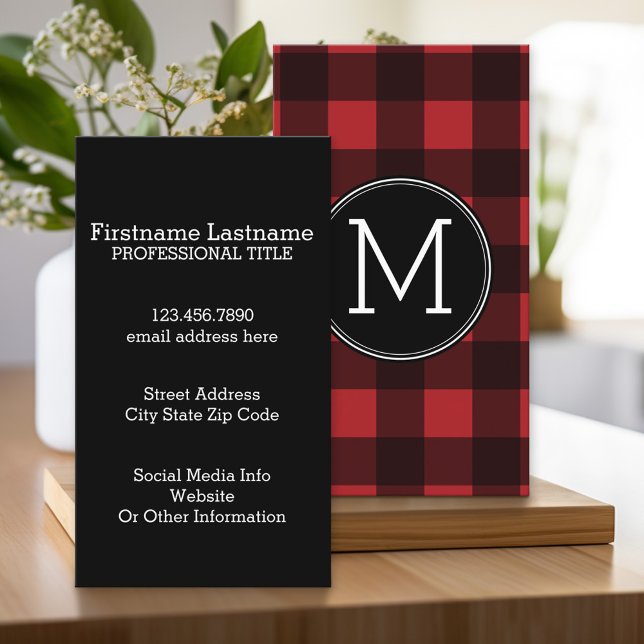 Rustic Red Black Buffalo Plaid Pattern Monogram Business Card (Custom Business Card with Monogram)