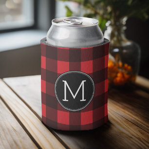 Rustic Red Black Buffalo Plaid Pattern Monogram Can Cooler
