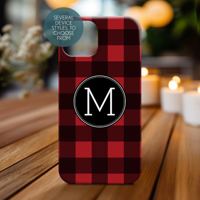 Rustic Red & Black Buffalo Plaid Pattern Monogram Case-Mate iPhone Case (Personalized Phone Case with Monogram)
