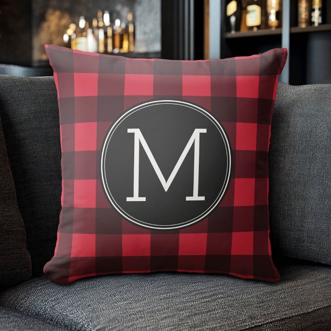 Rustic Red & Black Buffalo Plaid Pattern Monogram Cushion (Custom Monogram Pillow)