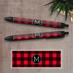 Rustic Red & Black Buffalo Plaid Pattern Monogram Ink Pen