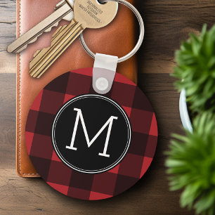 Rustic Red & Black Buffalo Plaid Pattern Monogram Key Ring