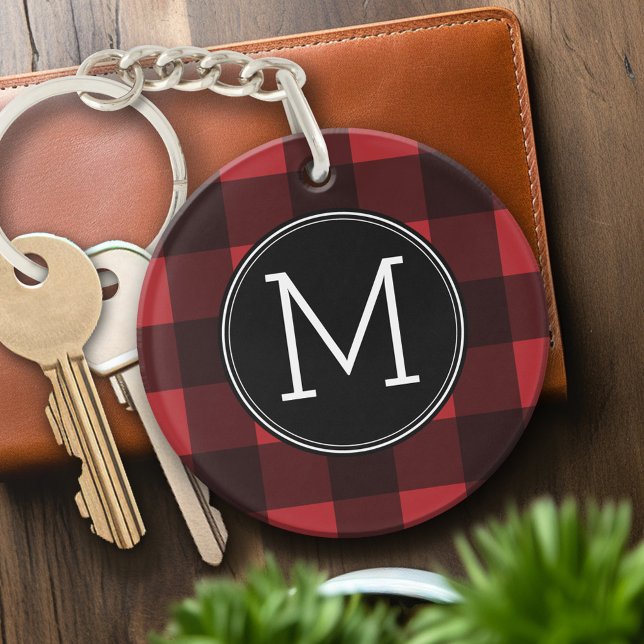 Rustic Red & Black Buffalo Plaid Pattern Monogram Key Ring (Personalized Keychain - red and black with monogram)