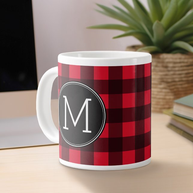 Rustic Red & Black Buffalo Plaid Pattern Monogram Large Coffee Mug (Personalized mug)