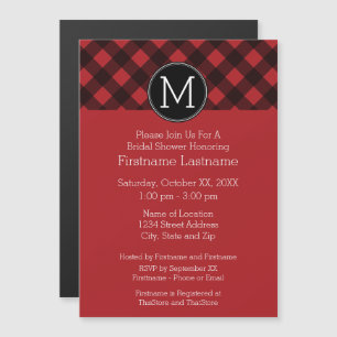 Rustic Red & Black Buffalo Plaid Pattern Monogram Magnetic Invitation