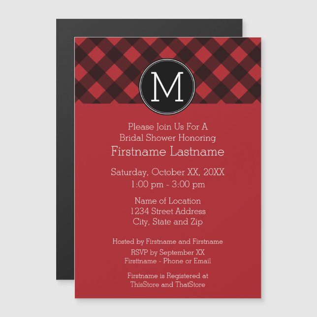 Rustic Red & Black Buffalo Plaid Pattern Monogram Magnetic Invitation (Front/Back)