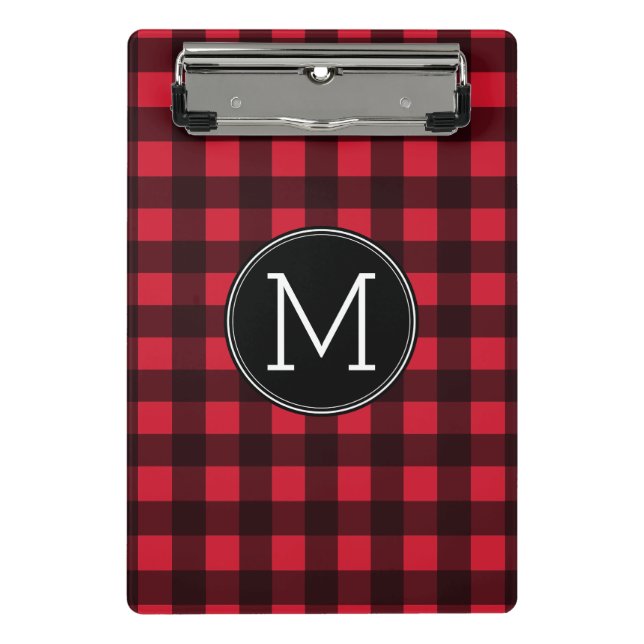 Rustic Red & Black Buffalo Plaid Pattern Monogram Mini Clipboard (Front)