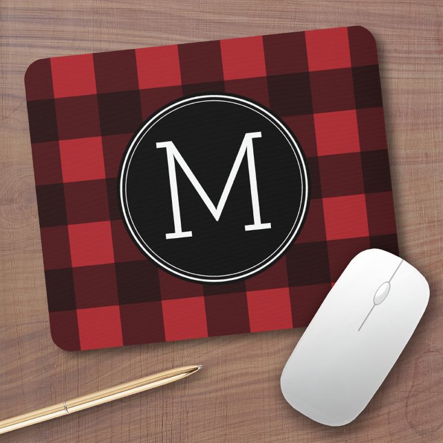 Rustic Red & Black Buffalo Plaid Pattern Monogram Mouse Mat (Personalized mousepad - Add Photos and Custom Text)