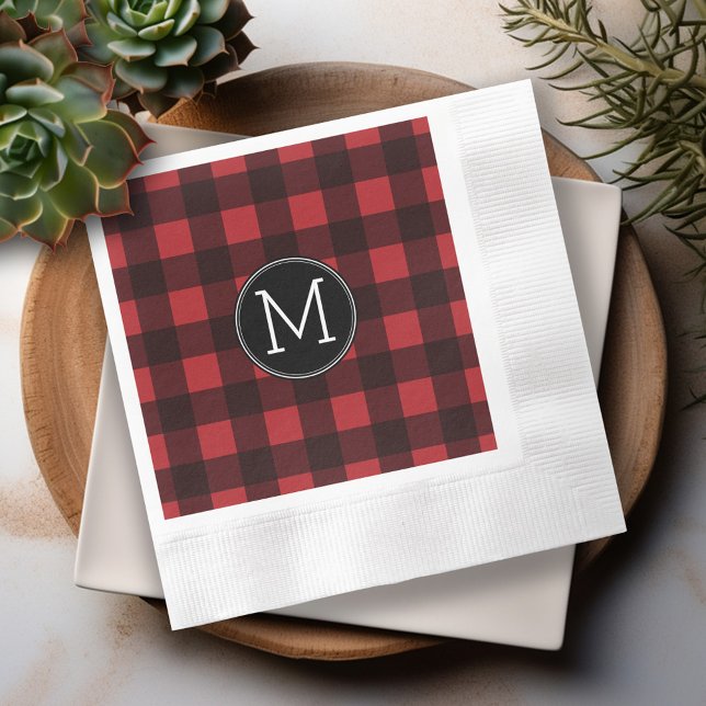 Rustic Red & Black Buffalo Plaid Pattern Monogram Napkin (Personalized cocktail and dinner napkins)