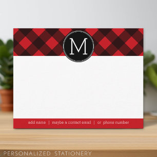 Rustic Red Black Buffalo Plaid Pattern Monogram Note Card