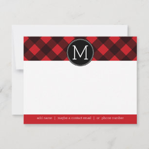 Rustic Red Black Buffalo Plaid Pattern Monogram Note Card