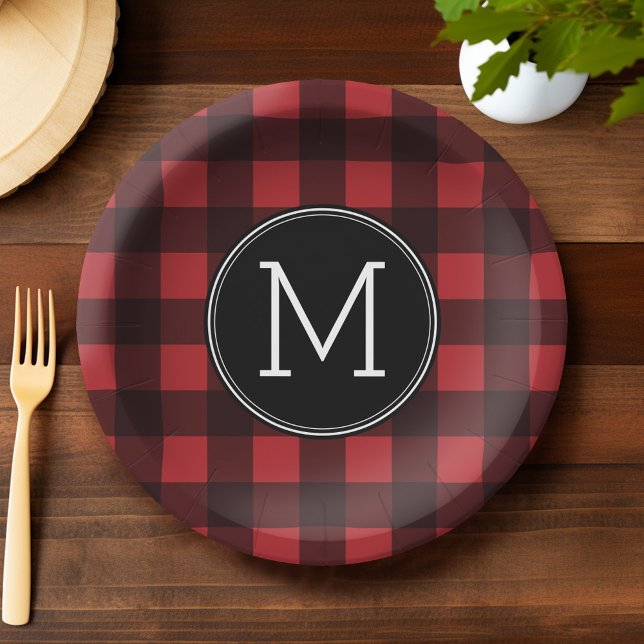 Rustic Red Black Buffalo Plaid Pattern Monogram Paper Plate (Custom Party Plates)