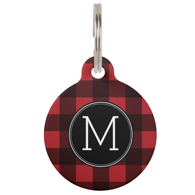 Rustic Red & Black Buffalo Plaid Pattern Monogram Pet Tag (Front)