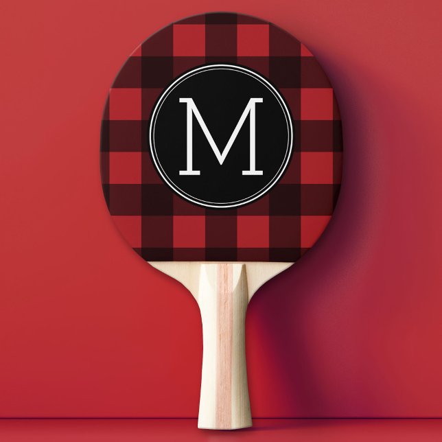 Rustic Red & Black Buffalo Plaid Pattern Monogram Ping Pong Paddle (Custom Ping Pong Paddle)