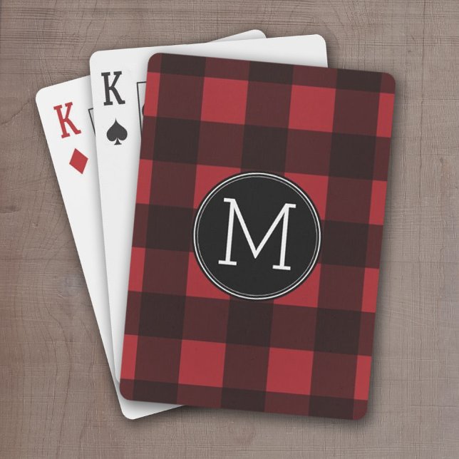 Rustic Red Black Buffalo Plaid Pattern Monogram Playing Cards (Red and Black buffalo Check with monogram - personalized playing cards)